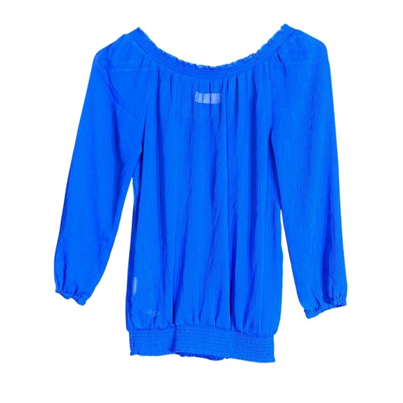 Hollister Womens Size XS Blue Ruffle Peasant Blouse Y2K Boho Smocked Waist Sheer - Picture 3 of 13